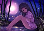  bare_legs barefoot black_hair brown_eyes dress highres long_hair looking_at_viewer moon night night_sky original outdoors short_dress sitting sitting_on_water sketch sky soaking_feet solo star_(sky) tanuxu tree water 