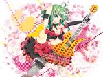  :d arishiki armpits arms_behind_head breasts cleavage fernandes_guitars green_eyes green_hair guitar gumi holding instrument looking_at_viewer medium_breasts midriff music open_mouth plaid plaid_skirt playing_instrument pleated_skirt short_hair skirt smile solo vocaloid 