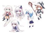  anceril_sacred angela_(arisaka_ako) blue_eyes blue_hair blush borrowed_character broom brown_eyes brown_hair canon_(nyori) chibi green_eyes hair_ornament hair_ribbon hat heterochromia hijiri_(resetter) long_hair mini_hat mini_top_hat multiple_girls pixiv_fantasia pixiv_fantasia_5 red_eyes ribbon shirokami_project short_hair sketch skirt sword top_hat weapon white_hair wings witch_hat 