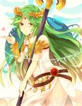 1girl green_eyes green_hair hair_ornament jewelry kid_icarus kid_icarus_uprising long_hair lots_of_jewelry nintendo palutena staff thighhighs weapon 