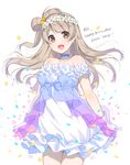  :d bare_shoulders brown_eyes brown_hair character_name choker collarbone flower hair_ornament happy_birthday head_wreath long_hair looking_at_viewer love_live! love_live!_school_idol_project minami_kotori open_mouth petals smile solo yume_no_tobira yuuhi_homare 