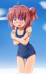  ahoge akaza_akari cloud day double_bun one-piece_swimsuit open_mouth outdoors purple_eyes red_hair school_swimsuit shishinon short_hair sky solo swimsuit thigh_gap trembling wading water yuru_yuri 