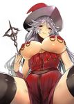  :q black_legwear blush breasts brown_eyes granblue_fantasy hat large_breasts long_hair looking_at_viewer magisa_(granblue_fantasy) mikurou_(nayuta) pelvic_curtain silver_hair simple_background solo spread_legs staff thighhighs thighs tongue tongue_out white_background witch_hat 