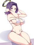  bikini blush breasts covered_nipples eyepatch_bikini kantai_collection large_breasts mechanical_halo moisture_(chichi) purple_eyes purple_hair short_hair simple_background solo swimsuit tatsuta_(kantai_collection) white_bikini 