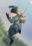  absurdres aircraft airplane blonde_hair blue_eyes commentary day dutch_angle erica_(naze1940) falling fallschirmjager full_body germany gloves grass helmet highres long_hair military military_uniform open_mouth original parachute scared sky soldier solo stahlhelm tree uniform world_war_ii 