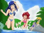  aida_mana bikini blue_hair closed_eyes dokidoki!_precure hishikawa_rikka hoshikawa_tsukimi kenzaki_makoto long_hair multiple_girls pink_hair precure short_hair splashing swimsuit umbrella yotsuba_alice 