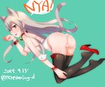  2014 animal_ears ass bad_id bad_twitter_id bare_shoulders black_legwear breasts brown_eyes brown_hair cat_ears cat_tail collar covered_nipples dated english fang full_body high_heels kantai_collection kittysuit kyuuso_inukami leotard long_hair medium_breasts paw_pose plantar_flexion shimakaze_(kantai_collection) shoe_dangle shoes sidelocks simple_background single_shoe solo speech_bubble tail thighhighs twitter_username 
