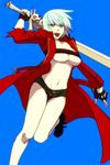  bad_id bad_pixiv_id bandeau blue_eyes boots breasts cleavage coat dante_(devil_may_cry) devil_may_cry devil_may_cry_3 genderswap genderswap_(mtf) gloves large_breasts shorts sword tasasakiamagu underboob weapon white_hair 