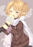  :d ^_^ absurdres bad_id bad_pixiv_id blonde_hair blush closed_eyes disembodied_limb eating fang happy heart highres hood hoodie jacket mirin_(parusuli) mizuhashi_parsee open_mouth pointy_ears scarf smile solo_focus steam touhou 