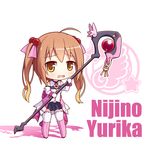  boots brown_eyes brown_hair chibi elbow_gloves gloves langbazi long_hair magical_girl nijino_yurika pink_footwear rokujouma_no_shinryakusha!? solo staff twintails 