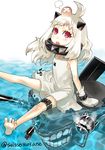  ahoge head_bump horns kaneshiki_suisse kantai_collection long_hair looking_at_viewer mittens northern_ocean_hime open_mouth pale_skin red_eyes shinkaisei-kan silver_hair sitting solo tears torn_clothes 