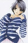  black_hair blush breasts brown_eyes highres kanzaki_nanami kimi_no_iru_machi large_breasts official_art seo_kouji short_hair smile solo striped striped_sweater sweater 