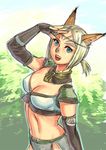  animal_ears blonde_hair blue_eyes breasts cat_ears choker circlet cleavage elbow_gloves final_fantasy final_fantasy_xi fingerless_gloves gloves medium_breasts midriff mithra open_mouth short_hair short_twintails sketch smile solo twintails yuccoshi 