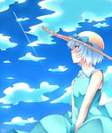  2014 alternate_costume alternate_eye_color bare_arms between_legs blue_sky blush blush_stickers cloud cloudy_sky condensation_trail dated day dress dress_shirt hand_between_legs hat hat_ribbon highres ikuya@ konpaku_youmu looking_away orange_eyes profile ribbon shirt short_hair signature silver_hair skirt_hold sky sleeveless smile solo straw_hat sun_hat sundress touhou white_shirt wind 