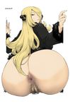  1girl anal_hair anus ass back blonde_hair bottomless curvy decensored from_behind hair_over_one_eye highres huge_ass jacket lips long_hair looking_at_viewer looking_back orushibu photoshop plump pokemon pubic_hair pussy shirona_(pokemon) uncensored wide_hips 