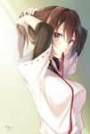  adjusting_hair artist_name blouse brown_eyes brown_hair commentary_request hair_ornament hair_ribbon highres ise_(kantai_collection) japanese_clothes kantai_collection long_hair looking_at_viewer mouth_hold ponytail ribbon short_hair signature skirt smile solo toosaka_asagi 