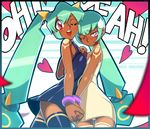  aqua_hair artist_name asymmetrical_docking bare_shoulders blush bracelet breast_press dark_skin flat_chest heart holding_hands jewelry long_hair multiple_girls one_eye_closed panties pantyshot pantyshot_(standing) red_eyes rockman rockman_dash rog_rockbe sera_(rockman_dash) short_hair siblings sisters standing sweatdrop tattoo thighhighs twins twintails underwear very_long_hair yuna_(rockman_dash) 