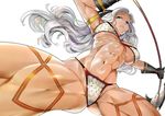  abs amazon amazon_(dragon's_crown) armlet armor axe bikini_armor blue_eyes breasts cleavage dragon's_crown gloves large_breasts long_hair mikurou_(nayuta) muscle muscular_female navel silver_hair solo tattoo weapon white_background 