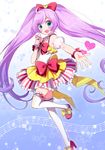  :d ahoge blue_eyes bow detached_sleeves frilled_legwear hair_bow hair_ornament hair_ribbon koto_(colorcube) long_hair looking_at_viewer manaka_lala open_mouth pretty_(series) pripara purple_hair reaching ribbon smile solo thighhighs twintails very_long_hair white_legwear zettai_ryouiki 