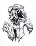  amethystlongcat black_and_white canine claws clothing female line_art mammal monochrome monster monster_girl open_mouth plain_background teeth traditional_media were werewolf wolf 