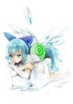  blue_eyes blue_hair bow cirno fairy fairy_wings fan hair_bow ice ice_cube ice_wings neck_ribbon no-kan ribbon short_hair short_sleeves solo touhou wings 