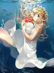  blonde_hair blue_eyes bubble dress flower long_hair moekon original solo underwater water 