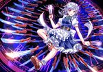  apron belt between_fingers blue_dress braid clock dress e.o. izayoi_sakuya knife maid maid_headdress open_mouth puffy_short_sleeves puffy_sleeves red_eyes shirt short_sleeves silver_hair smile solo touhou twin_braids waist_apron 