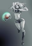  arms_up blue_eyes highres long_legs metroid metroid_(creature) metroid_fusion navel samus_aran sketch xpisigma 