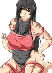  antenna_hair bare_shoulders big_belly black_hair breasts brown_eyes clenched_hand dark_skin hakama hand_on_hip highres japanese_clothes large_breasts leotard long_hair looking_at_viewer loose_clothes m.u.g.e.n navel original plump red_hakama samuimu scar sendai_hakurei_no_miko skin_tight solo thighs touhou transparent_background 