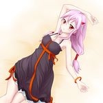  bare_shoulders blush breasts guilty_crown hair_ornament hairclip iray long_hair looking_at_viewer lying medium_breasts open_mouth pink_hair red_eyes smile solo twintails yuzuriha_inori 