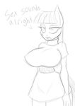  2014 anthro anthrofied big_breasts black_and_white breasts clothing dialog dress earth_pony english_text equine eyeshaodow female friendship_is_magic horse jrvanesbroek mammal maud_pie_(mlp) monochrome my_little_pony plain_background pony sketch solo standing text white_background 