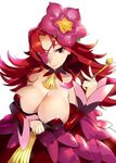  breasts cleavage dress earrings eyepatch flower hair_flower hair_ornament jewelry large_breasts long_hair looking_at_viewer majo_to_hyakkihei mikurou_(nayuta) pipe red_eyes red_hair smile solo valentine_(majo_to_hyakkihei) 