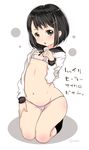  bikini black_hair blush hair_ornament hairclip kneeling looking_at_viewer micro_bikini mudou_eichi navel no_pants open_mouth original shirt_lift short_hair solo swimsuit translation_request 