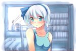  alternate_costume bare_arms bare_shoulders blue_eyes blue_hairband blush blush_stickers book bookshelf bow breasts chair collarbone dated flower flower_pot hair_bow hairband ikuya@ indoors konpaku_youmu looking_at_viewer medium_breasts short_hair signature silver_hair smile solo tank_top touhou 