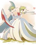  1boy arm_blade blush gallade gardevoir heart mega_gallade mega_gardevoir mega_pokemon no_humans pokemon pokemon_(game) pokemon_oras pose red_eyes sally_(luna-arts) sally_(yuki-menoko) weapon 