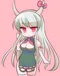  :&gt; alternate_costume blush_stickers breasts cleavage ex-keine green_hair horn_ribbon horns kamishirasawa_keine large_breasts long_hair looking_at_viewer marshmallow_mille red_eyes ribbon simple_background smile solo touhou 