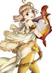  :d alternate_costume ass bare_shoulders blonde_hair bridal_gauntlets butt_crack circlet djeeta_(granblue_fantasy) granblue_fantasy harp harpist_(granblue_fantasy) instrument looking_at_viewer looking_back mikurou_(nayuta) open_mouth pantyhose short_hair smile solo yellow_eyes yellow_legwear 