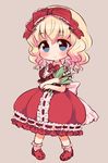  blonde_hair blue_eyes bobby_socks bow carrying drill_hair flower hair_bow hair_ribbon lily_of_the_valley lolita_fashion looking_at_viewer marshmallow_mille medicine_melancholy ribbon ribbon-trimmed_clothes ribbon_trim simple_background smile socks solo touhou 