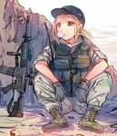  american_flag assault_rifle blue_eyes blush boots bubble_blowing chewing_gum combat_boots daito desert_pattern gun hat load_bearing_vest m4_carbine military military_uniform original radio rifle short_hair sitting solo three-color_desert_(camo) tri-color_desert uniform watch weapon wristwatch 