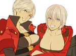  2girls blue_eyes breasts capcom cleavage coat dante devil_may_cry dual_persona genderswap large_breasts multiple_girls short_hair tasasakiamagu white_hair 