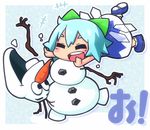  :d blue_hair bow cirno closed_eyes crossover frozen_(disney) hair_bow hair_ribbon hekoningyou_(waraningyou) ice ice_wings olaf_(frozen) open_mouth ribbon short_hair smile snowman touhou translation_request wings 