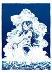  black_hair blue blush cloud highres long_hair looking_at_viewer monochrome one_eye_closed original partially_submerged sky solo swimsuit takanashi_ringo wading water wet wet_clothes wet_hair wringing_clothes 