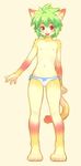  2014 blush bulge clothing cute feline fur girly green_hair hair happy herm intersex looking_at_viewer male mammal orange_fur plain_background powfooo red_eyes red_fur short_hair standing underwear yellow_fur 