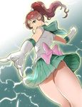  back_bow bishoujo_senshi_sailor_moon bow brown_hair choker earrings elbow_gloves electricity gloves green_eyes green_sailor_collar green_skirt jewelry kino_makoto long_hair looking_at_viewer looking_back magical_girl mikurou_(nayuta) pink_bow ponytail sailor_collar sailor_jupiter sailor_senshi_uniform skirt solo tiara white_gloves 