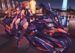  acog american_flag bare_shoulders blue_eyes blue_hair blush breasts brown_hair bullpup dusk eating elbow_gloves food food_in_mouth g.haruka gloves ground_vehicle gun holding holding_food leotard long_hair m320 medium_breasts mk_18_carbine motor_vehicle motorcycle multiple_girls original p90 real_world_location red_eyes sarashi science_fiction sidelocks sl8 submachine_gun thighhighs washington_monument weapon 