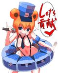  animal_ears bear_ears breasts freedom_wars genderswap genderswap_(mtf) hat large_breasts microphone navel necktie onio orange_hair personification pinky_out propa-kun propaganda short_hair slingshot_swimsuit solo swimsuit translated 