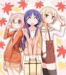  ^_^ adjusting_eyewear bag blonde_hair blush braid casual chihaya_72 closed_eyes dress flower glasses hair_flower hair_ornament highres hinata_yukari ichii_yui long_hair multiple_girls nonohara_yuzuko open_mouth pink_hair purple_hair short_hair smile yellow_eyes yuyushiki 