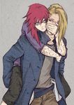  1boy 1girl blonde_hair blue_eyes blue_jacket deidara glasses karin_(naruto) naruto naruto_shippuuden piggyback ponytail purple_jacket red_eyes red_hair 