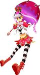  1girl belt black_stripes boots capelet crown floating heart kkk-o3o29 one_piece patterned_legwear perona pink_hair red_shoes shoes simple_background skirt solo striped striped_legwear twintails two-tone_stripes white_stripes 