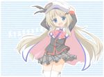  blue_eyes bow cape fang hat highres little_busters! long_hair noumi_kudryavka pink_bow russian school_uniform shino_megumi silver_hair solo thighhighs 